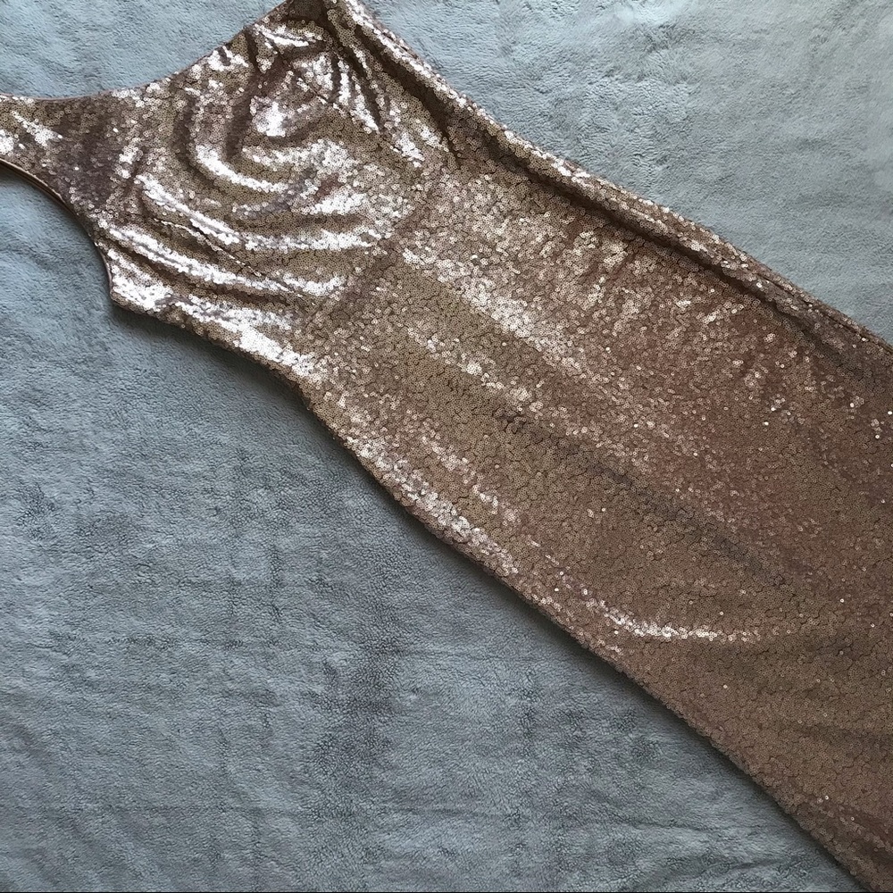 Lulus Timeless Story Matte Rose Gold Sequin One-Shoulder Maxi Dress Gown Small S